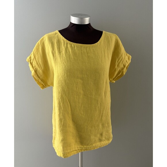 TERZO MILLENNIO Linen Top Button Back M Yellow Lagenlook Beach Lightweight Italy - Picture 1 of 16